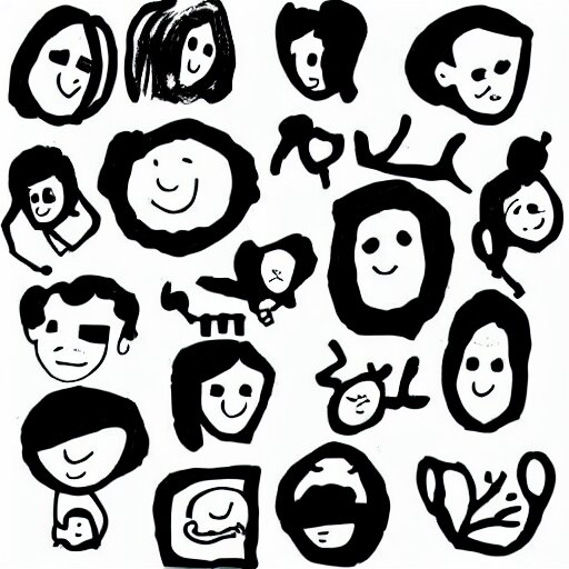 black and white composition of a variety of doodles, drawings, faces, symbols, cartoons, lineart, chinese ink brush 