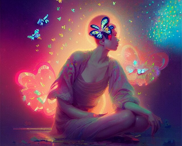 harmony of neon tiny butterfly stars, mute, coherent hands, by wlop, james jean, victo ngai, rainbow overlay! beautifully lit, muted colors, highly detailed, fantasy art by craig mullins, thomas kinkade 