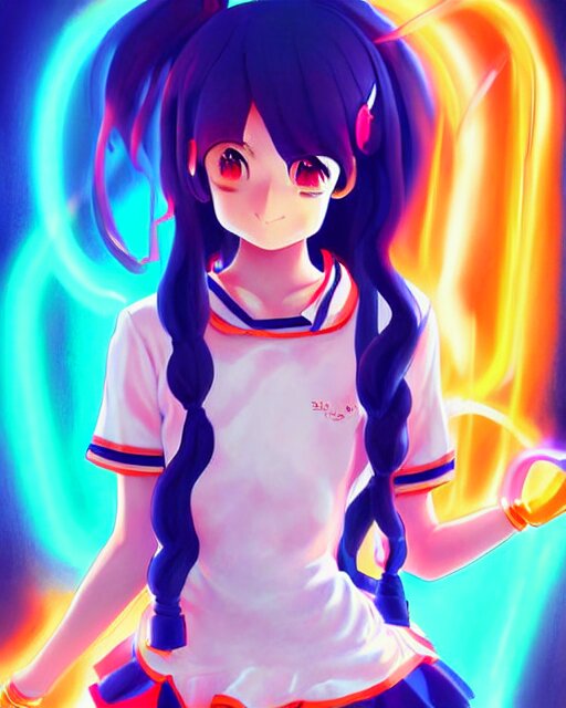 anime style, vivid, expressive, full body, 4 k, painting, a cute magical girl with a long wavy hair wearing a sailor outfit, correct proportions, stunning, realistic light and shadow effects, neon lights, studio ghibly makoto shinkai yuji yamaguchi 