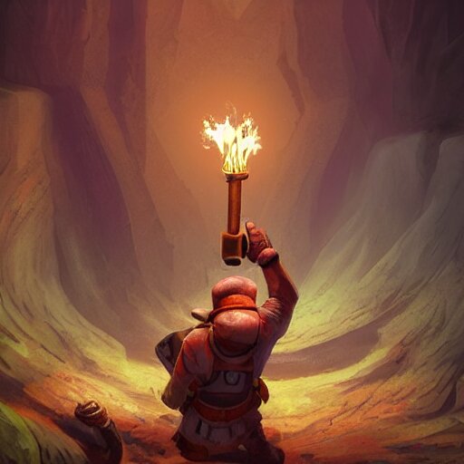 deep underground, an explorer holding up a torch finds a cursed gem. , concept art, trending on artstation 3D.