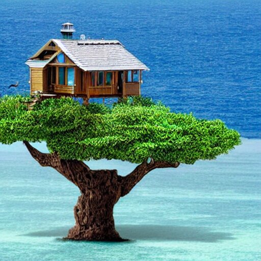 a tree with a tree house in it in the ocean 