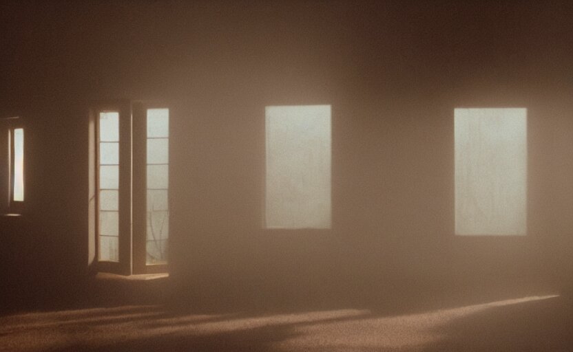 cinematic screenshot of the surreal interior for house built on nothing and something for the nothing underneath, moody scene from being john malcovich directed by charlie kaufman ( 2 0 0 1 ), moody volumetric light morning, anamorphic lenses, kodak color film stock 