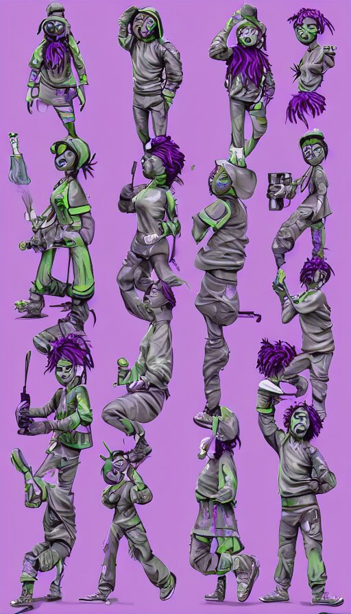 a sprite sheet of a graffiti wirter holding a spray can and purple hair, 3D character, sweat drops, insane, intricate, highly detailed, oil painting, smooth, sharp focus, Unreal Engine 5, 8K