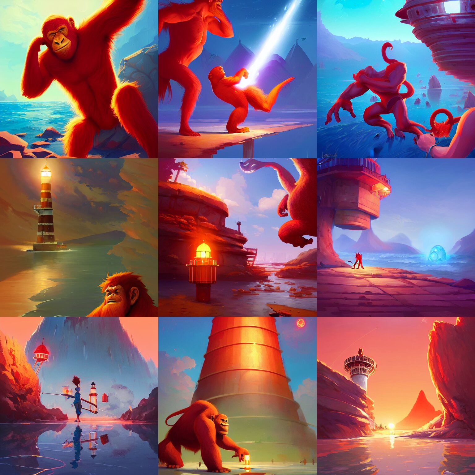 hero world atari, red orangutan shake lighthouse as big shaker, behance hd by jesper ejsing, by rhads, makoto shinkai and lois van baarle, ilya kuvshinov, rossdraws global illumination 
