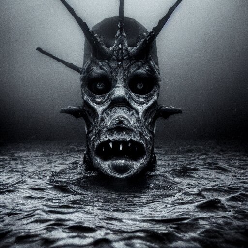 sea monster, wide angle, pov underwater, pale skin, dark, foggy water, dramatic,'silent hill ', big eyes, terrifying, horrific, cinematic 