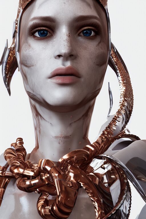 white cyborg fashion shot, copper spiral decorations, white elegant baroque design, smooth heads, headshot half figure, photorealistic, 8k, hyper detailed, unreal engine, trending on artstation,