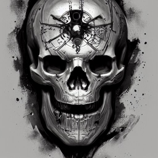 Cybernetic skull tattoo design, by Cedric Peyravernay, highly detailed, excellent composition, cinematic concept art, dramatic lighting, trending on ArtStation