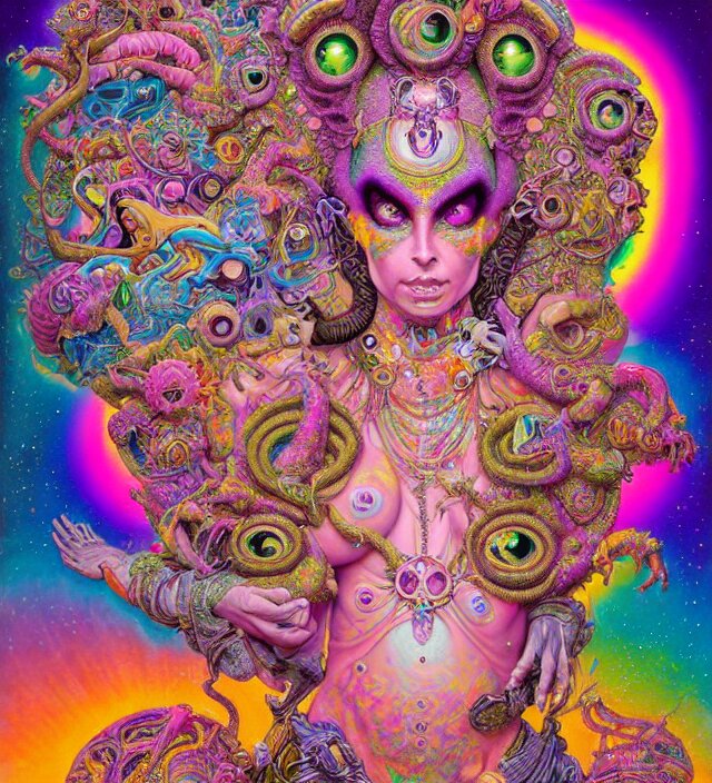 lisa frank inspired blotter acid fantasy character portrait of fertility goddess, ultra realistic, wide angle, intricate details, dharma artifacts, aum, highly detailed by hr giger, peter mohrbacher, wayne barlowe, boris vallejo, hajime sorayama aaron horkey, gaston bussiere, craig mullins 