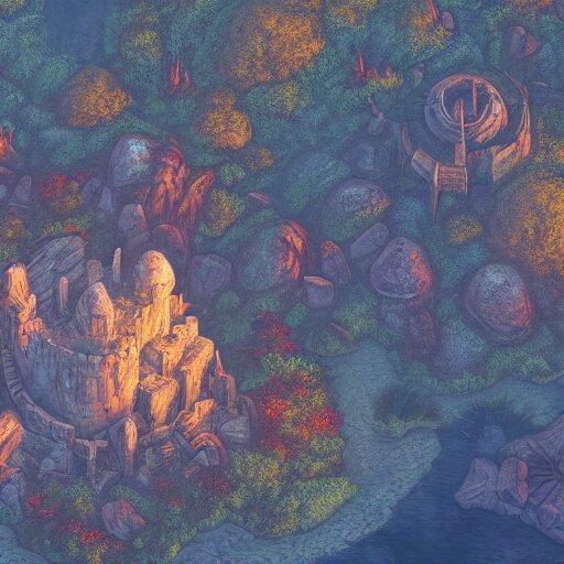 overhead RPG battlemap of a stone fort sitting above a swamp in the sunset, dramatic lighting by alan lee by peter mohrbacher, trending on artstation sharp focus vfx key shot