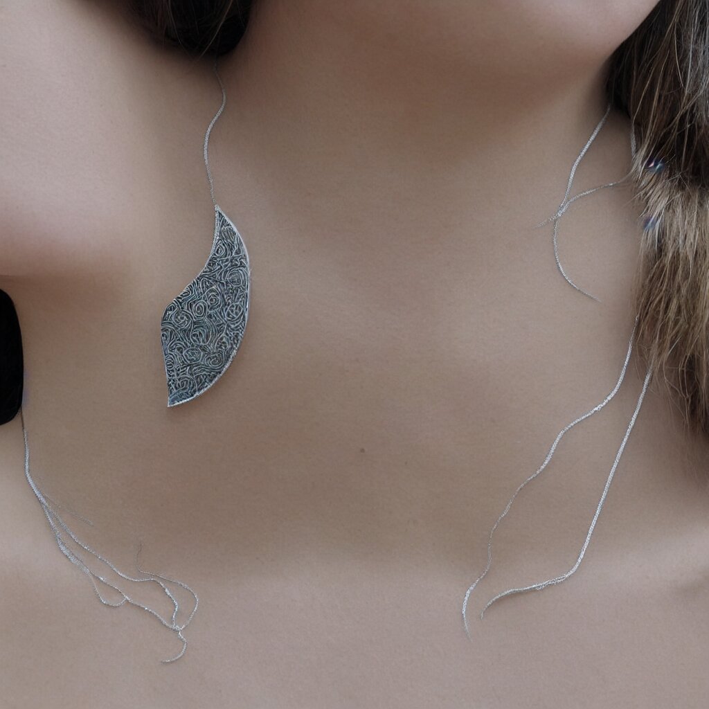 Amulet Of Wave inlaid in silver, on a young beautiful woman neck, realistic, clean,