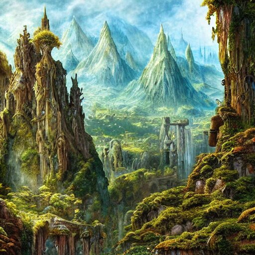 a beautiful and highly detailed epic oil painting of an elven city in the mountains, lush valley, beautiful trees, ancient stone runes, intricate details, epic scale, insanely complex, 8 k, sharp focus, hyperrealism, fantasy landscape, psychedelic, by caspar friedrich, brian froud, albert bierstadt, 