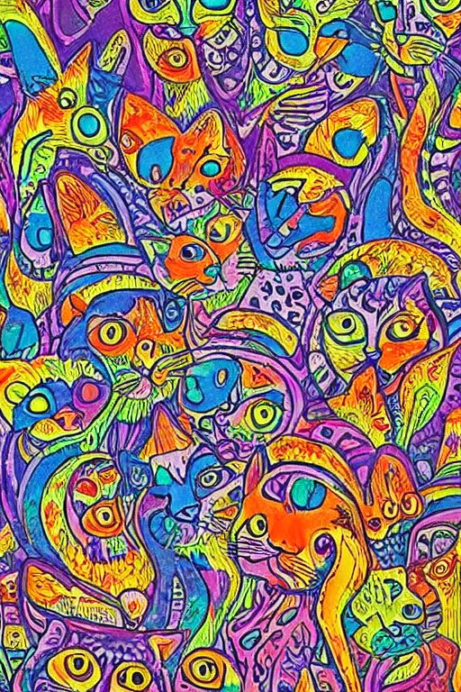 Psychedelic cats in the style of Louis Wain