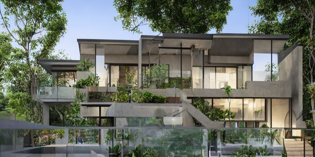 3d rendering  of beautiful nature meets architecture concept of a residential house. balinese architecture, volumetric lighting, high detail, 14mm,  glass railing, outdoor staircase, terraces, roof garden, cinematic photography, cg architects,  high resolution