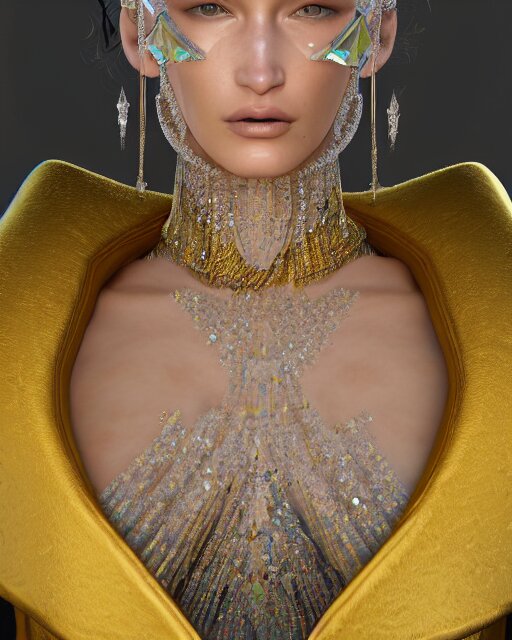 a highly detailed metahuman 8 k close up render of bella hadid in gustav klimt style in diamonds crystals swarovski and jewelry on artstation made in unreal engine 4 