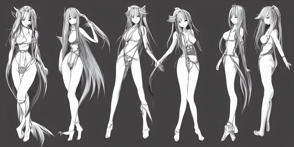 anime woman, long hair, fantasy theme, front side/back/view character sheet, three views, lineart, varying thickness, manga pen, traditional art, Indian ink, in the style of Final Fantasy IX, 3D modeling concept sheet, white background, orthographic view