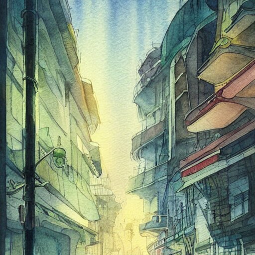 Beautiful happy picturesque charming sci-fi city in harmony with nature. Beautiful light. Nice colour scheme, soft warm colour. Beautiful detailed watercolor by Lurid. (2022)