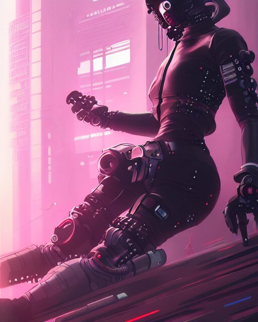 lady assassin wearing cyberpunk streetwear, respirator, cybernetic arms, detailed portrait, 4 k, vivid colours, concept art by wlop, ilya kuvshinov, artgerm, krenz cushart, greg rutkowski, pixiv. cinematic dramatic atmosphere, sharp focus, volumetric lighting, cinematic lighting, studio quality 