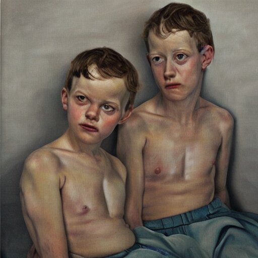 high quality high detail painting by lucian freud, hd, portrait of twins, photorealistic lighting 