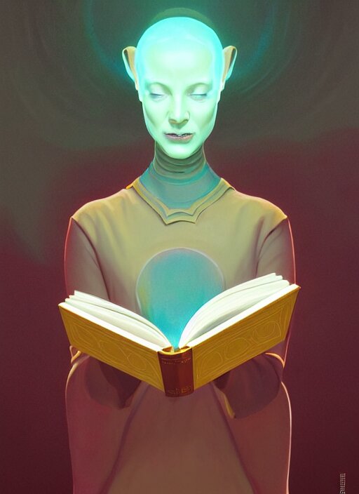 centered painted portrait, face of a classic depiction of an alien reading a book about humans, gloomhaven, matte painting concept art, art nouveau, beautifully backlit, swirly vibrant color lines, muted and dull colors, aesthetic octane render, 8 k hd resolution, by ilya kuvshinov and cushart krentz and gilleard james 