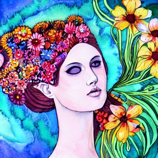 a painting of a woman with flowers in her hair, a watercolor painting by alice mason, deviantart, psychedelic art, deviantart, detailed painting, watercolor 