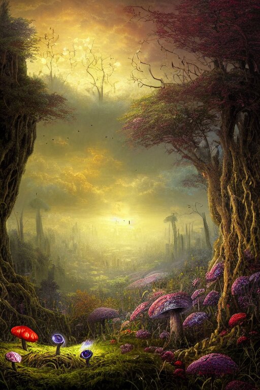 a beautiful digital landscape painting of a detailed gothic fantasy fireflies and roots, dark mushroom, flowers by benoit b. mandelbrot, steven belledin, martin johnson heade, lee madgwick, caspar david friedrich, and david rios ferreira. 8 k resolution trending on artstation concept art digital illustration 