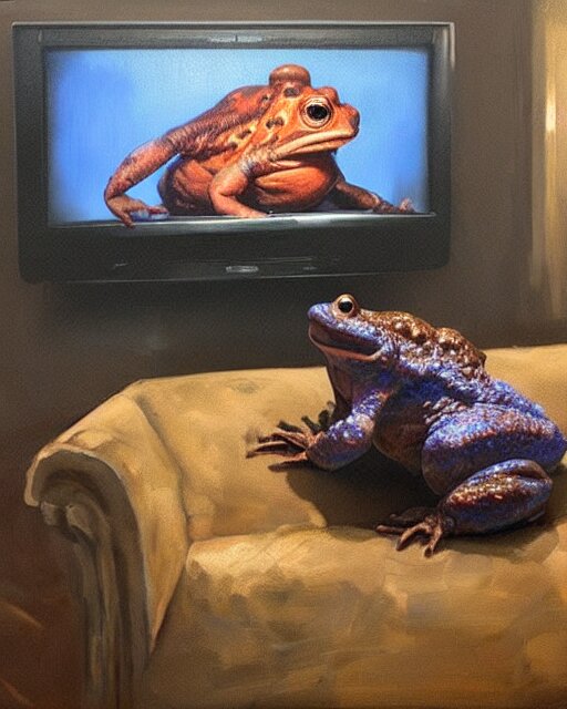 hyper realistic oil painting of toad watching a tv movie on the couch, back camera shot, vibrant colors, high contrast, by greg rutkowski, trending on artstation, caricaturist 