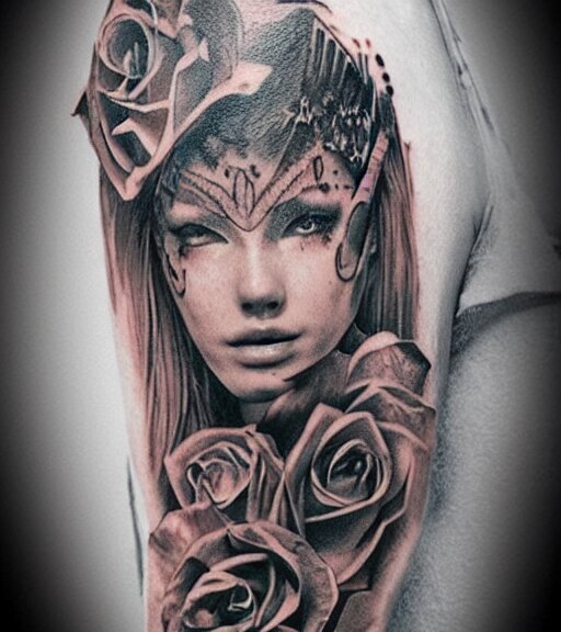 tattoo design on white background of a beautiful girl warrior, roses, hyper realistic, realism tattoo, by eliot kohek 