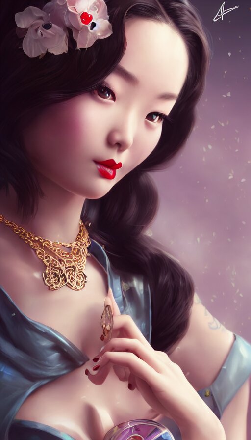 a pin up and beautiful fashion and charming and dreamlke asian girl with lv jewelry, medium shot, art by artgerm & ross tran & wlop, hyperdetailed, 8 k realistic, symmetrical, frostbite 3 engine, cryengine, dof, trending on artstation, digital art 