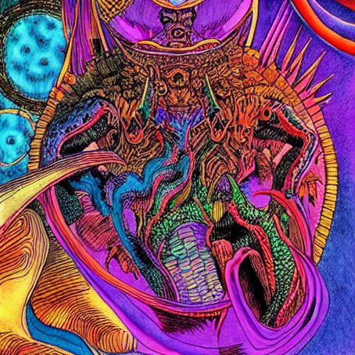 marduk, devourer of worlds, detailed colored ink art in dark and vibrant colors art by moebius on dmt and shrooms 