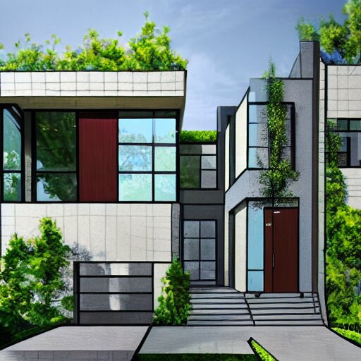 an architectural drawing of a modern house with a courtyard, detailed, lush, 