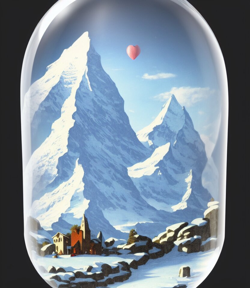 an achingly beautiful print of one cylindrical snow globe with the matterhorn inside by raphael, hopper, and rene magritte. detailed, proportional, romantic, vibrant, enchanting, trending on artstation 