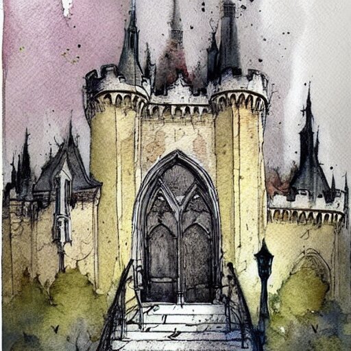 (((((((watercolor sketch of Gothic revival castle gatehouse. painterly, book illustration watercolor granular splatter dripping paper texture. pen and ink))))))) . muted colors. by Jean-Baptiste Monge !!!!!!!!!!!!!!!!!!!!!!!!!!!!!!!!!!!!!!!!