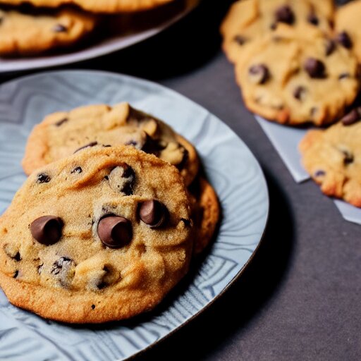 a 5 0 mm macro shot of a plate of chocolate chip and prawn cookies 