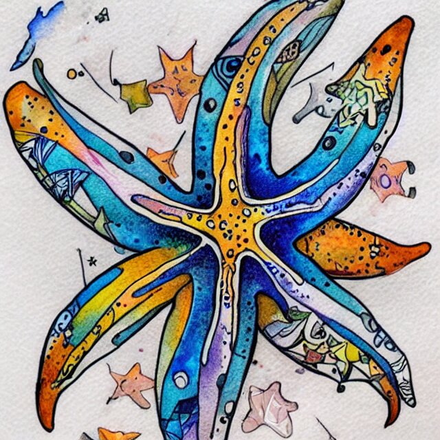 starfish, tattoo design, watercolor, maximalist, high detail 