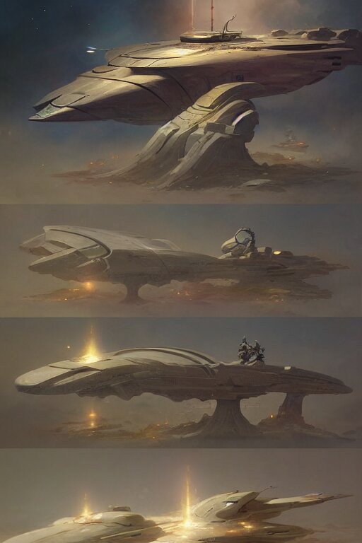 hyoerbolic starship concept design by peter mohrbacher and craig mullins and hiroshi yoshida and james jean and frank frazetta and michael whelan and andreas rocha 