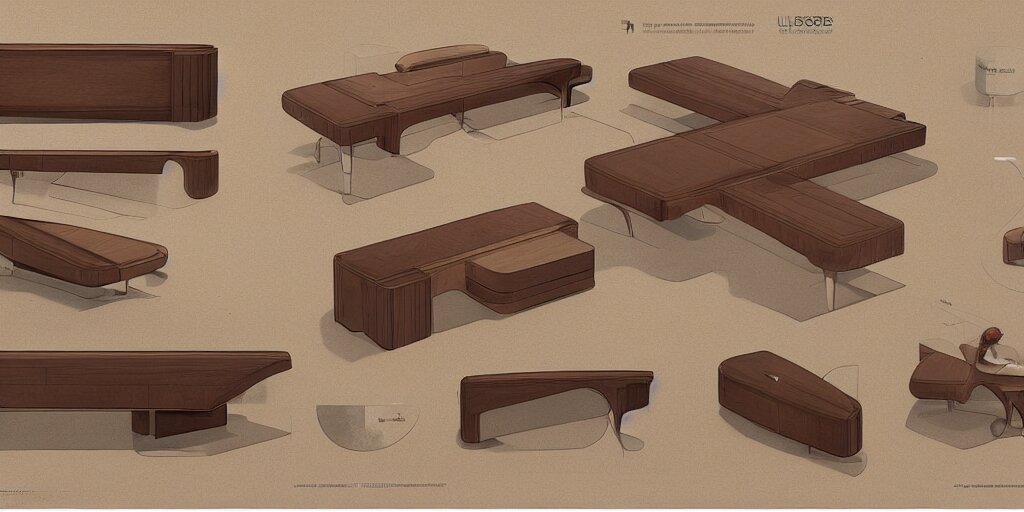 furniture design art deco, design sheet, Moebius, Greg Rutkowski, Zabrocki, Karlkka, Jayison Devadas, Phuoc Quan, trending on Artstation, 8K, ultra wide angle, zenith view, pincushion lens effect