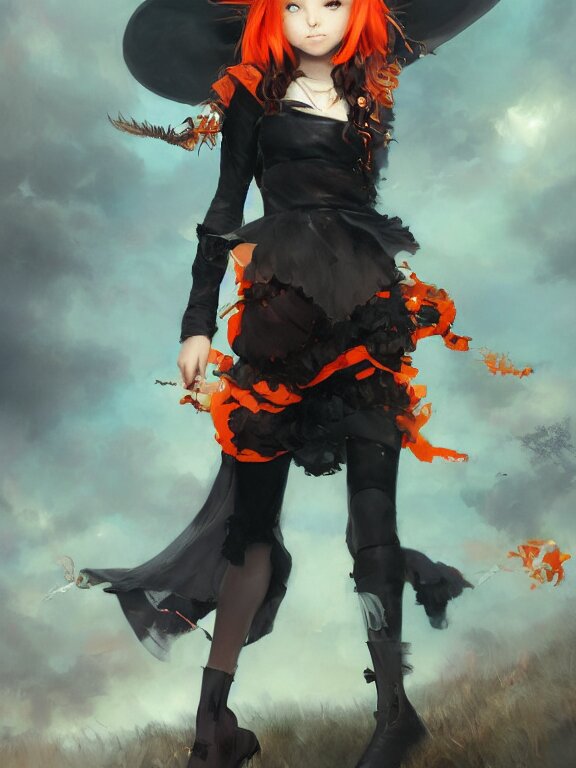 Full shot of a cute mischievous young witch about to get up to some trouble. Latin inspired fashion. Black and Orange palette. By Ruan Jia and Artgerm and Range Murata and WLOP and CLAMP. Key Art. Fantasy Illustration. award winning, Artstation, intricate details, realistic, Hyperdetailed, 8k resolution.