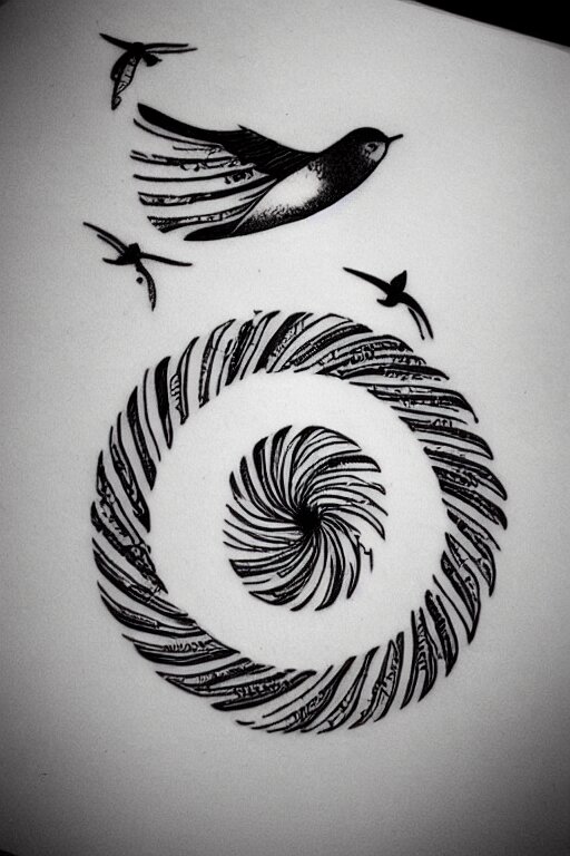 a simple tattoo design of birds flying in a 2 spiral, black ink, logo 