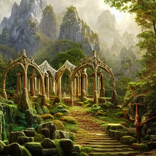 a beautiful and highly detailed matte painting of an elven temple in a magical fantasy garden in a lush forest in the mystical mountains, celtic knots, carved runes, intricate details, epic scale, insanely complex, 8 k, sharp focus, hyperrealism, very realistic, by caspar friedrich, albert bierstadt, james gurney, brian froud, 