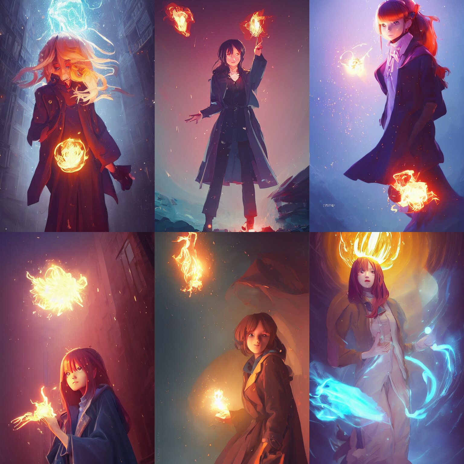 a portrait of a cute female wizard wearing a flowing very stylish trenchcoat, holding a glowing fireball in her hand, fireball lighting her face from below, embers, urban fantasy setting, vivid colors, warm lighting, atmospheric, cinematic, moody, in the style of Ilya Kuvshinov and Range Murata, Krenz Cushart, rule of thirds, oil on canvas, 8k