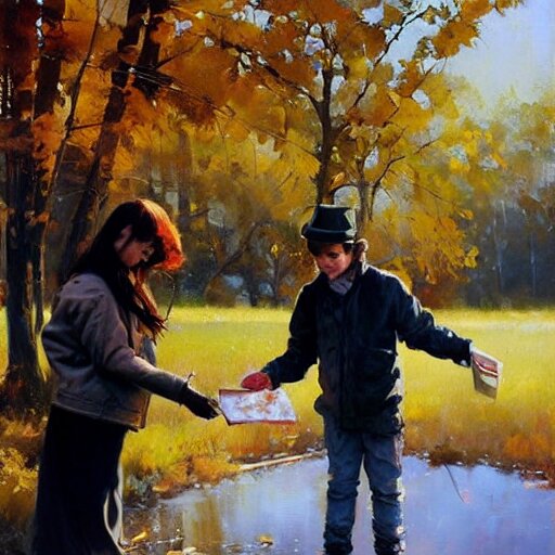 a brother and sister paying catch in autumn. phil hale. rhads. repin. 