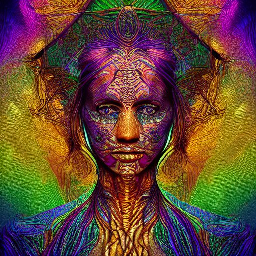 a majestic portrait of a woman with a vascular structure as the amazon aws logo, digital painting, high detail, 8 k, intricate ornamental details, vibrant iridescent colors, green magenta and gold 