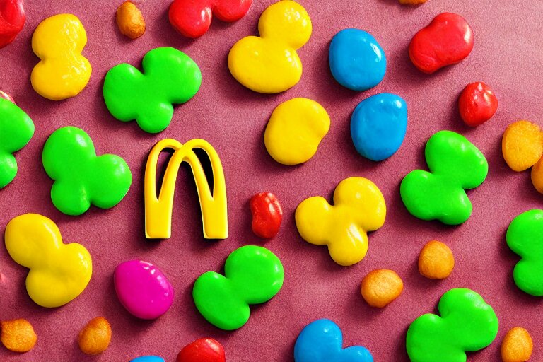 mcdonalds colorful pattys, commercial photograph taken on table 