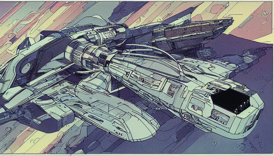 flat color illustration of futuristic spacecraft by moebius and sparth, 