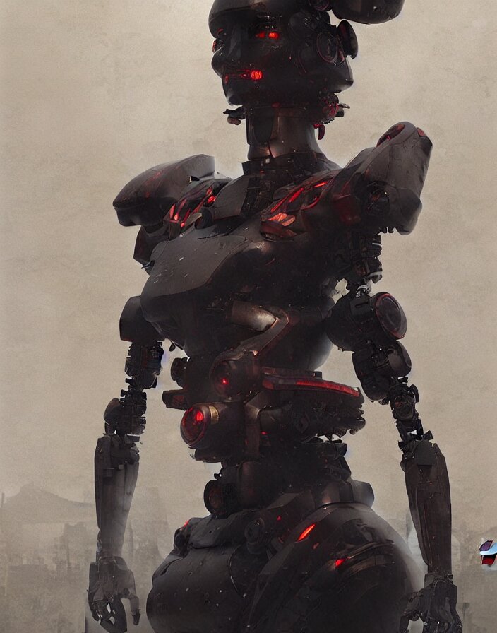 portrait of a geisha robot by greg rutkowski and ruan jia, mecha, washed colors, dark, gloomy, matte painting, unreal engine 5