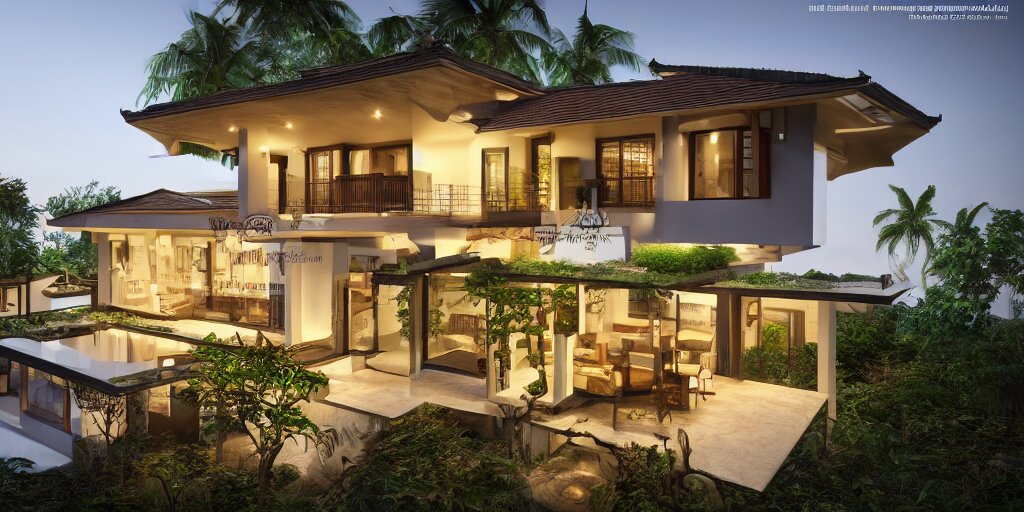 3d rendering  of beautiful nature meets architecture concept of a residential house. balinese architecture, volumetric lighting, luxury, high detail, 14mm, cinematic photography, cg architects,  high resolution