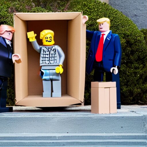 lego donald trump with cardboard box outside mar - a - lago, wide shot, lego, 