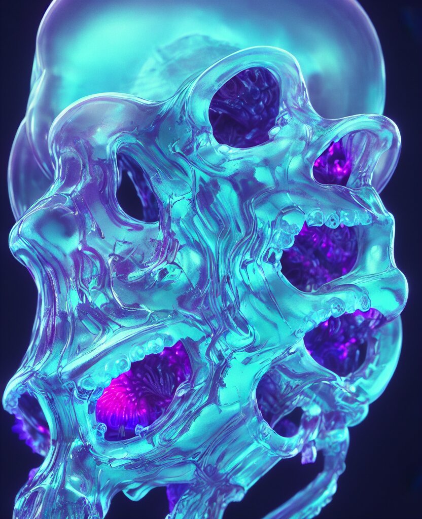 close-up portrait of skull dichroic orchid jellyfish skull, betta fish, bioluminiscent creatures, intricate artwork by Tooth Wu and wlop and beeple. octane render, trending on artstation, greg rutkowski very coherent symmetrical artwork. cinematic, hyper realism, high detail, octane render, 8k