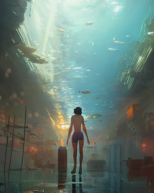 Under Water, Full shot, Atmospheric lighting, By Makoto Shinkai, Stanley Artgerm Lau, WLOP , Rossdraws, James Jean, Andrei Riabovitchev, Marc Simonetti, krenz cushart, Sakimichan, D&D trending on ArtStation, digital art.