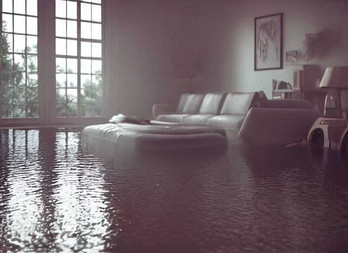 kodak portra 4 0 0 photographic and realistic, 7 0 s living room, detailed, octane render, unreal engine, 4 k, artstation, hyper realistic, wide angle, floor flooded, how a river, objects that float, 3 5 mm, sharp focus, soft light, volumetric light fog, in the style of gregory crewdson 